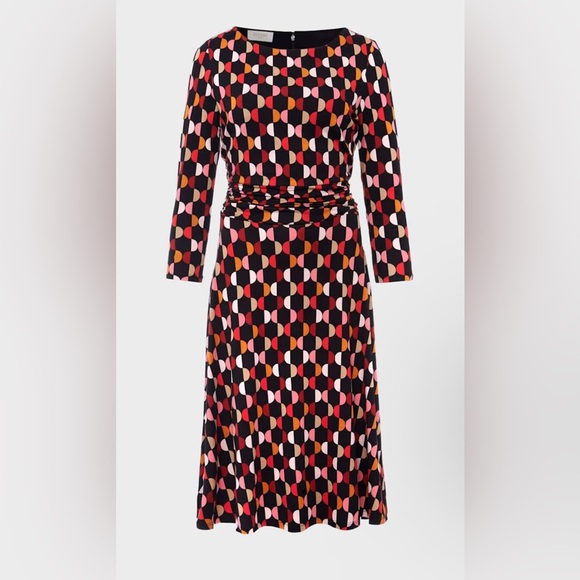 Hobbs London Bayview Geometry Midi Waisted Dress 12 Black Boat neck Back Zipper - Picture 1 of 16